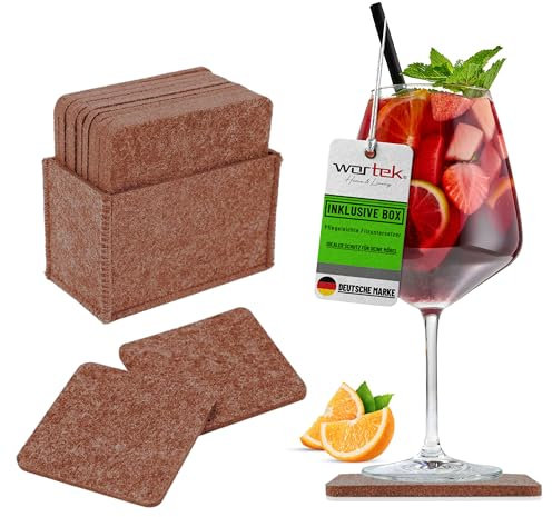 wortek Filzuntersetzer eckig für Gläser – 10er Set mit Aufbewahrungsbox, Glasuntersetzer für Getränke, Tassen, Bar, Glas - Ø 10cm Tischuntersetzer Untersetzer Gläser Braun