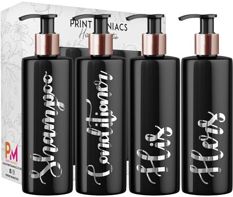 Print Maniacs Black Mrs Hinch Inspired Personalised 500ml Bottles Bathroom Lotion Kitchen Shampoo Conditioner Rose Gold Pump (Hand Wash Set) (Silver)