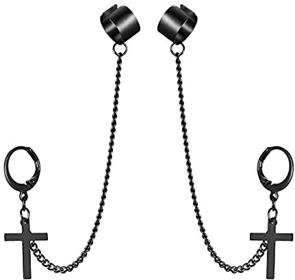 JewelryWe Schmuck Herren Damen Ohrringe Edelstahl Kreuz Kruzifix Creolen Ohrstecker Ohrclip Ohrklemme Ohrkette Hip-Hop Vatertag Geschenk Schwarz
