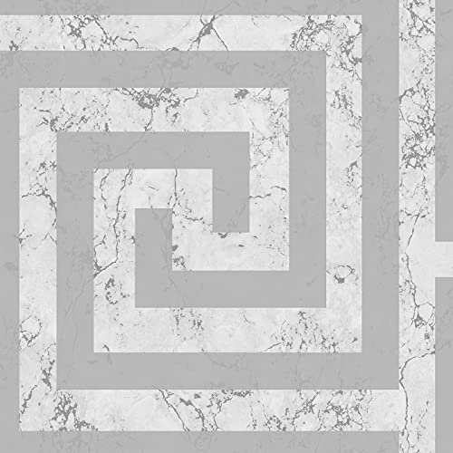 Athena Marble Wallpaper Greek Key Glitter Metallic White Gold Silver