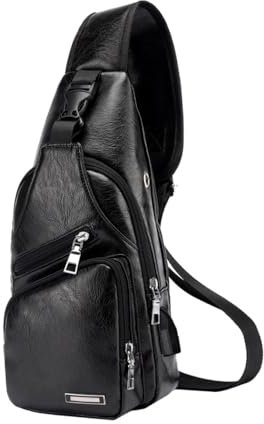 DONGKER Sling Crossbody Bag Herren, PU Leder Brusttasche Männer, Umhängetasche Reisetasche mit USB Anschluss für Casual Outdoor Wandern Reise