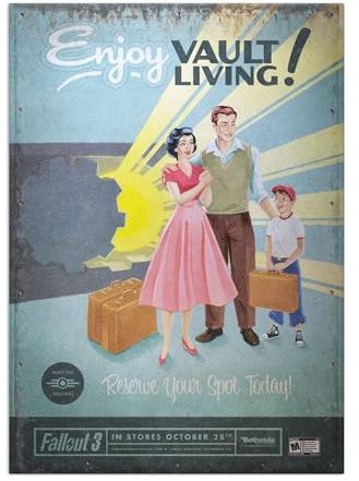 Displate Offiziell Fallout MetallPoster Magnetische Befestigung Inklusive Lizenziert Bilder Hochwertiges Poster Fallout 3 Ads - Vault Living 45 cm x 32 cm