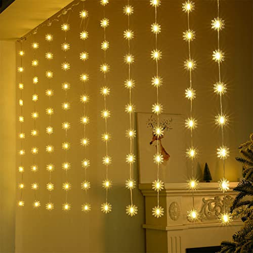 BLOOMWIN 2-in-1 Christmas Fairy Curtain Lights with Snowflake Pendants 100LEDs 3x1M USB Twinkle String Light with Remote for Xmas Party Wedding Warm White