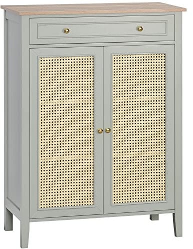 HOMCOM Meuble à Chaussures Meuble de Rangement à Chaussures Meuble d'entrée avec 2 Portes Effet cannage tiroir 80 x 40 x 110 cm