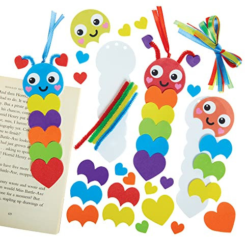 Baker Ross FX455 Raupe Regenbogen Liebesherz Lesezeichen-Kits - 8er-Pack, Schaumstoff-Sticker-Bastelsets für Kinder