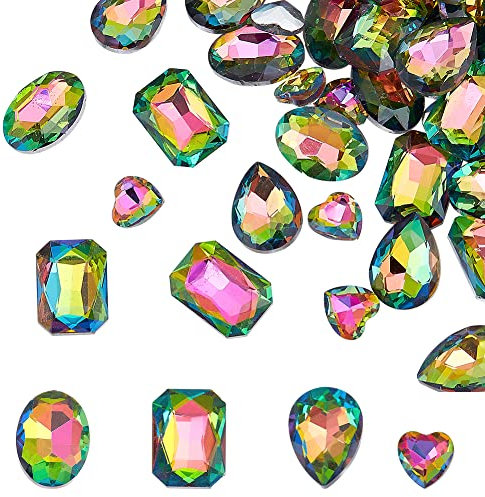 FINGERINSPIRE 64 Stück 4 Formen Glas Strasssteine Mit Spitzer Rückseite Bunte Rechtecke/Tränen/Herz/Ovale Kristallschmuck Verzierungen Mit Versilberten Rückseiten Facettensteinen Zum Basteln