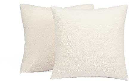 Highams 2 x Boucle Teddy Fleece Cushion Covers Fluffy Warm Soft Home Sofa Decorative Chair Sofa Scatter Couch Throw Pillow, 45 x 45cm, Cream