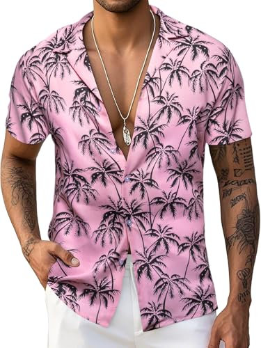 Barry.Wang Mens Hawaiian Shirts Short Sleeve Summer Funky Floral Cuba-Neck Holiday Beach Shirts Pink S-3XL