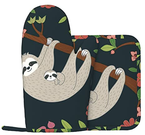 Ensemble de Gants de Four et de maniques pour Animaux de Dessin animé pour la Cuisine, la Cuisson et Le Four à Micro-Ondes, Gants Anti-Chaud en Silicone + Coussin Anti-Chaud (Gant de Main Gauche