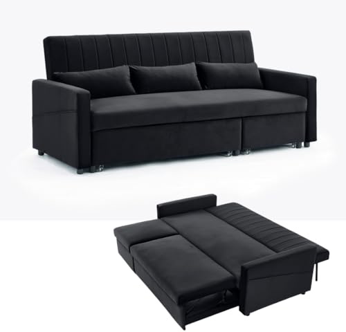 Home Detail Devon Black Velvet Pull-out Sofa Bed | Pull-Out, Storage Chaise, Grey Blue Velvet Option, Grey Linen Option