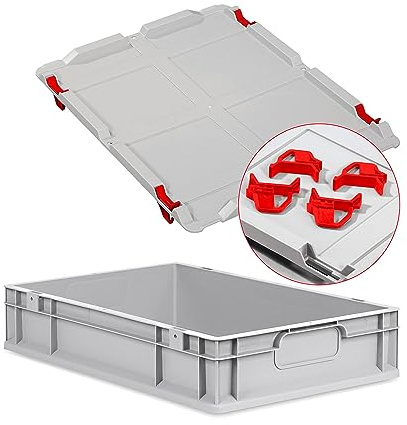 Eurobox NextGen Economy 60x40x12cm Griffe geschlossen mit Auflagedeckel grau, Kunststoffbox 23 Liter stapelbar Transportbehälter lebensmittelecht, Farbe Deckel-Verschlüsse wählbar (Verschlüsse Rot)