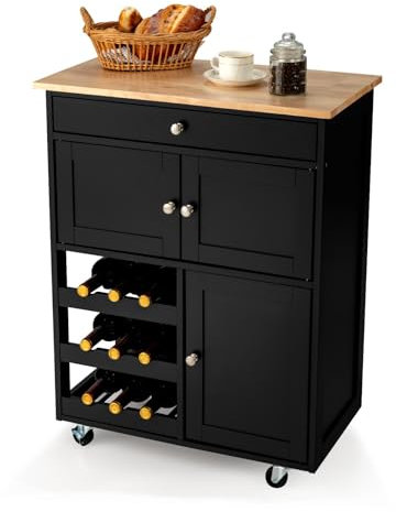 KOMFOTTEU Küchenwagen auf Rollen, Kücheninsel mit Weinregal & 2 Schränke & Schublade, Servierwagen aus Holz, Küchenrollwagen mit Arbeitsplatte, Küchentrolley für Küchen Esszimmer (schwarz)