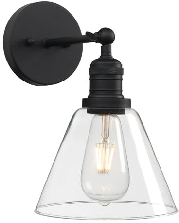 Pathson Industriel 180 degrés Ajustable Applique Murale, Cône Abat-jour en Verre Lampe Murale, Vanité Éclairage mural pour Salle de bain, Cuisine, Chambre à coucher (Noir)