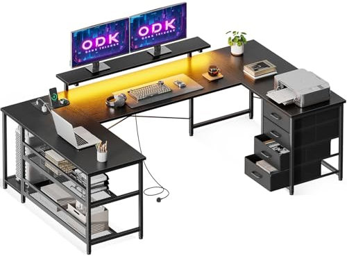 ODK 167×102 cm Corner Desk with Drawers, Reversible L Shaped Gaming Desk with LED Lights, Computer Office Desks for Home Office Black