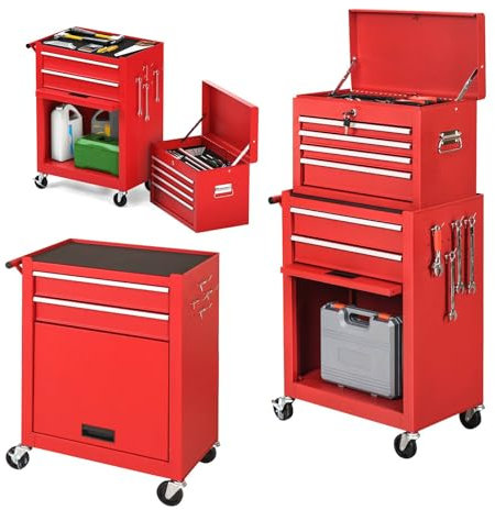 GiantexUK 2-in-1 Tool Cabinet on Wheels, Rolling Lockable Metal Tool Chest Storage Box with Detachable Top Cabinet, 6 Drawers & Hooks, Heavy-duty Toolbox Trolley for Garage Workshop (Red)