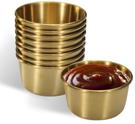 Huakaile 9 Pcs 2 oz Stainless Steel Dipping Sauce Cup, Mini Dip Bowls, Reusable Metal Condiment Cups Ramekins Containers for Ketchup Dressing Home Party Restaurant Kitchen, Gold