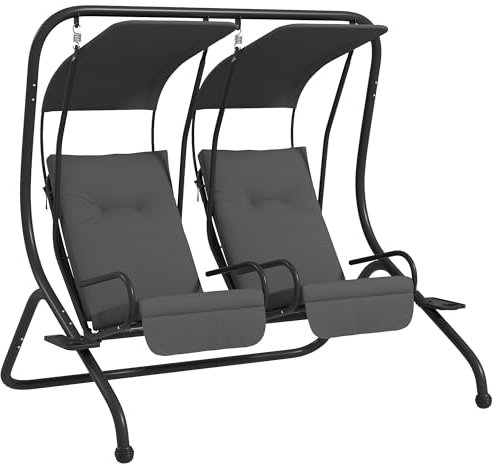 Outsunny Balancelle de Jardin 2 Places indépendantes 2 tablettes Supports Coussins Assise Dossier Grand Confort 1,7L x 1,36l x 1,7H m Acier Noir Polyester Gris