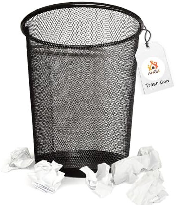 ANGIX Round Trash Can Bin - 1 Pack Black Non-slip Mesh Rubbish Bins - Waste Paper Baskets | Sturdy Metal Indoor Waste Bin for Home & Kitchen, Bedroom, Office, Bathroom, Living Room