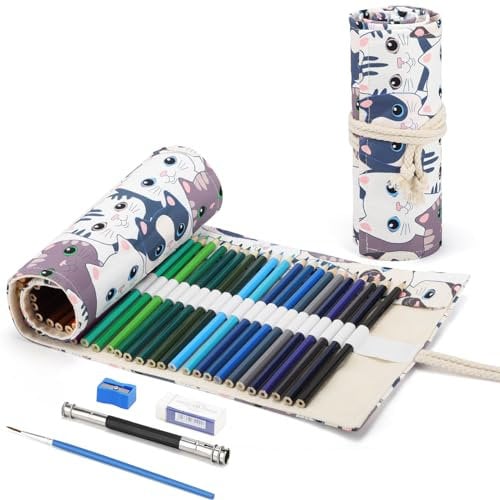 VICHOS 48 Profi-Bundstifte, Buntstifte Set mit Rollmäppchen, Soft Core Premium Buntstifte für Erwachsene und Kinder, Gatito