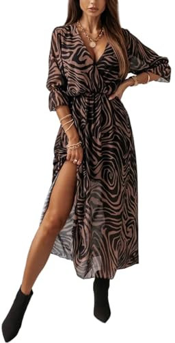 TOPLAZA Robe Longue Femme de Plage Ete Décolleté en V Manches Courtes, Marron, S