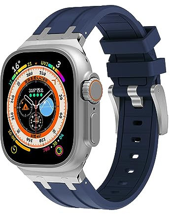 Compatible avec Apple Watch Ultra Bracelet pour homme Sport, bracelet en silicone et boucle en acier inoxydable, Fit Ultra 2 Series 10 9 8 7 6 5 4 3 2 1 SE, 49/46/45/44/42 mm, argent + bleu