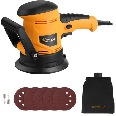 Hoteche 450W 125MM Exzenterschleifer Schleifmaschine, VDE Stecker, Selbstabsaugfunktion, Kupferdrahtmotor, 7000-14000rpm, 5 Schleifpapiere, Staubbeutel, Gelb/Schwarz