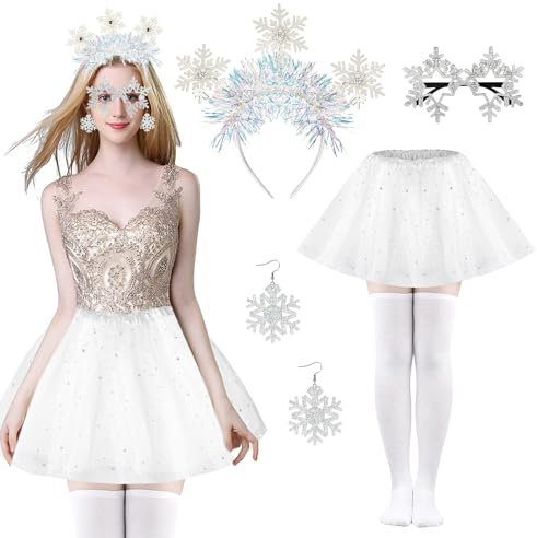 5STK Glitzer Schneeflocken Haarreif, Weihnachtsbrillen, Ohrringe, Tüllrock Weiß, Kniestrümpfe für Damen - Frozen Weihnachts Karneval