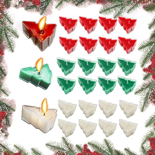 dellyy Bougie Parfumée de Noël, 24Pcs Bougies Chauffe-Plat de Noël, Bougies Chauffe Plat d'Hiver, Bougie Chauffe-Plat Parfumée, Bougies Chauffe Plat en Forme de Sapin de Noël Décoration, Trois Parfums