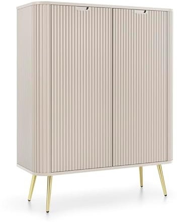 Emporius Loft Sideboard Gerly - Zweitürige Sideboard 100 cm mit Beinen - Gold Griffen, geriffelten Fronten, Hochkommode - Beige + Gold