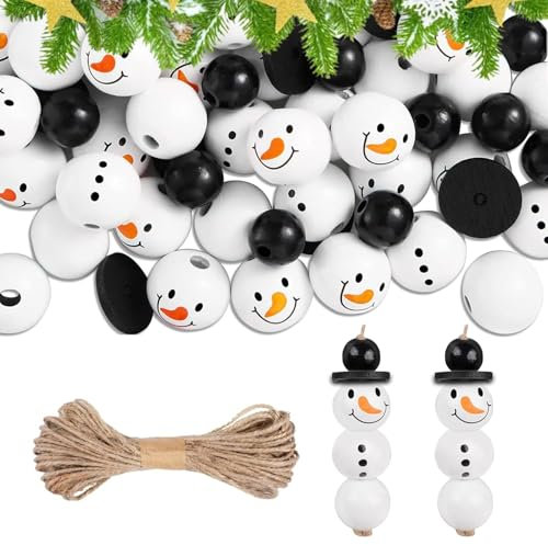 50 Stück Schneemann Holzperlen,20mm Weihnachten Schneemann Holzperlen,Weihnachten Holzperlen mit Gesicht,DIY Basteln Weihnachten,mit 10m Schnur für Weihnachten Deko,Basteldekoration,Winter Party Deko