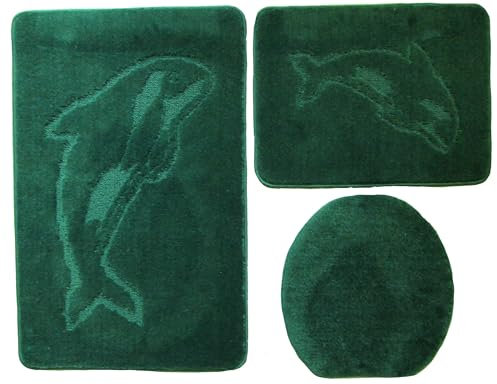 3- teiliges Badvorleger Set Ilkadim Export mit Delphin Muster, Bad Teppich 55cm X 85cm ohne Auschnit gerade für Hänge WC (Dunkelgrün)