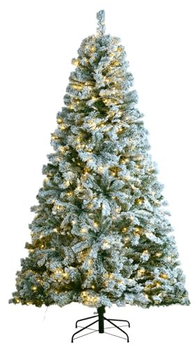 VEVOR Albero di Natale Artificiale Preilluminato, Floccato 2,28 m con 550 Luci LED Bianche, 1346 Punte Rami, Base Metallo per Decorazioni per Feste in Casa Ufficio