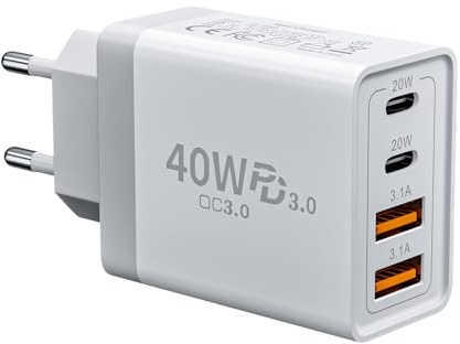 Chargeur USB C, 40W 4 Port Prise USBC Chargeur Rapide, Multiple Secteur PD+QC Type C Adaptateur pour iPhone 16 15 14 13 12 11 Pro Max X XS XR 8 7 6S Plus SE, iPad, Samsung Galaxy S24 S23 A55 A15