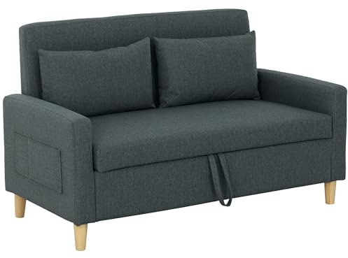 HOMCOM Divano 2 Posti in Tessuto con Braccioli e 2 Cuscini Rimovibili, Divanetto 2 Posti Moderno con Spazio Portaoggetti, Tasche Laterali e Gambe in Legno per Soggiorno e Salotto, 135x72x84cm, Grigio