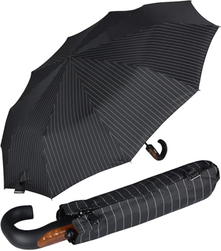 iX-brella Herren-Taschenschirm 10 Streben schwarz, mit Auf-Zu-Automatik und Rundhakengriff mit Holzoptik - pinstripe