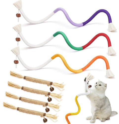 soodyoow 7 Pcs Catnip Toy, 3 Cat Chew Toy Bite Rope and 4 Natural Matatabi Silvervine Chew Sticks, Catnip Toys for Indoor Cats, Cats Teeth Cleaning, Interactive Cat Chew Toy in for Teething Pets