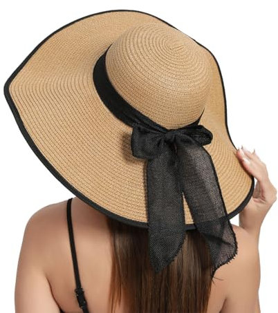 RVROVIC Women's Floppy Straw Sun Hat Foldable Summer Beach Hat Packable Roll Up Wide Brim Crochet Bucket Hat,Black&Khaki