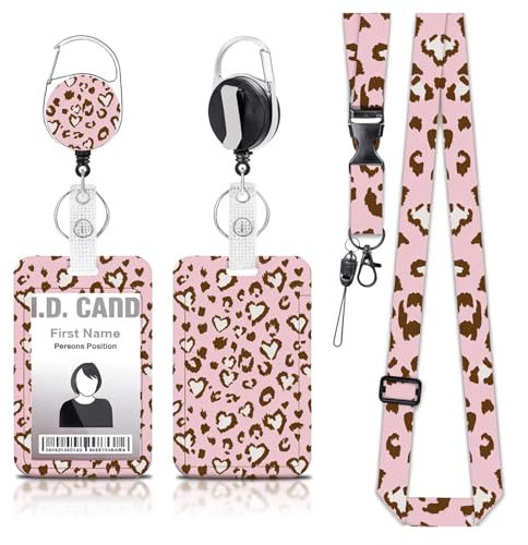 YONEEKSS Porte-badge rétractable avec cordon, tendance et coulissant imprimé léopard avec cordon amovible, mousqueton et clip pour carte d'identité, bureau, école