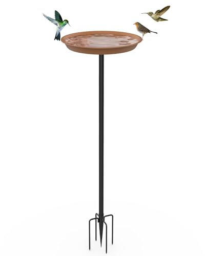efuturetime Bain Oiseaux Grand Métal sur Pied φ 30 × 90 cm, Abreuvoir Oiseaux Exterieur avec Trous Mangeoire Oiseaux Plateau Réglable en Hauteur pour Jardin Balcon, Brun