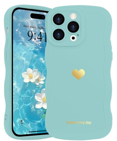 LAPOPNUT Wavy Cute Silicone Phone Case for iPhone 14 Pro, Blue | Girly Heart Wave Bumper,Aesthetic Cover for Women Girls,Curly Shockproof Raised Camera Protection,Soft Pretty Lovely