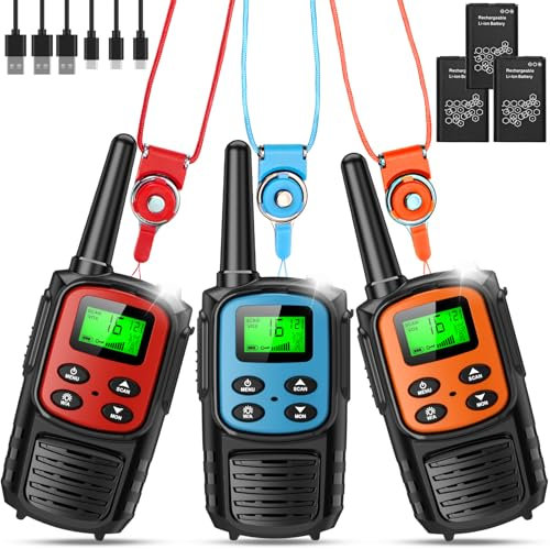 Walkie Talkie Kinder, Walkie Talkie 3er Set Aufladbar für Erwachsene, Funkgeräte Set Große Reichweite 5km Walky Talky mit Li-ion Akku, 16 Kanäle, VOX, LCD, für Freien, Camping, Wandern