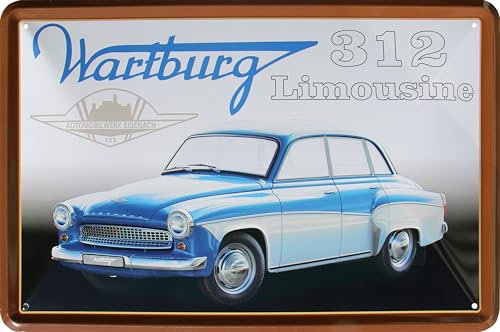 WOGEKA ART Retro Blechschild - Wartburg 312 Limousine - DDR Oldtimer Auto, 20 x 30 cm, Ostalgie Vintage Metallschild als Geschenk zur Werkstatt und Garagen Deko für Ossis 95
