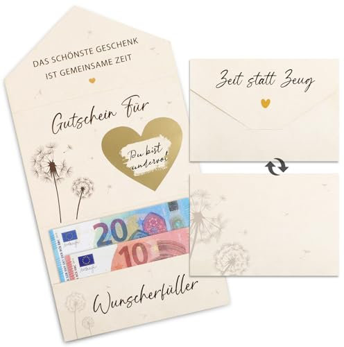 BOFUNX 2 Stück Zeit statt Zeug Gutschein Karte Gutschein Verpacken Wünscherfüller Rubbelkarten zum Selber Beschriften mit Umschlägen für Geburtstag Hochzeit Jugendweihe Weihnachten