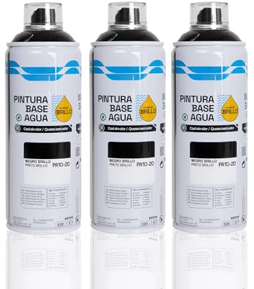BESCH Pintura en Spray Base Agua 400ml – Ecológica, Sin Olor, para Madera, Plástico, Metal y Cartón – Cobertura Uniforme y Secado Rápido - Negro Brillo, Pack de 3 unidades