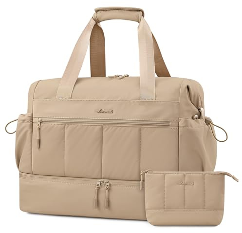 LOVEVOOK Reisetasche Damen, Leicht Weekender Handgepäck Tasche Wasserdicht | Travel Duffle Bag für Flugzeug Reise, Kliniktasche Geburt Krankenhaustasche Sporttasche mit Schuhfach für Gym, Khaki