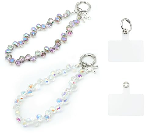 VOSSOT 2 PCS Handykette kurz Handgelenk Handyanhänger Perlen, Kristall-Handgelenkband für Mobiltelefone, Glitzer Handykette, Universal Handyband Damen, Perlen-Handyarmband, Schlüsselanhänger Handyhüll