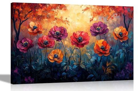 Artley Prints - Abstract Colourful Peony Flowers in Forest Canvas Wall Art For Bedroom Hallway Living Room Prints Pictures Extra Large 101 x 76cm (40 x 30 inches)