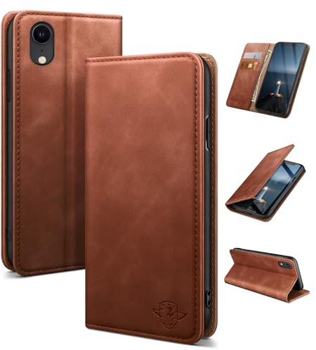 SUANDUCK for iPhone XR 6.1 mobile phone case magnetic leather flip case with RFID-blocking card compartment, adjustable stand and 360° drop protection with Apple XR Brown