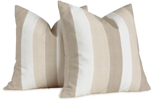 Brylleii 2er Set Kissenbezug Weiss Gestreift Muster 50 x 50 cm Beige Braun Kissenbezüge Moderne Leinen Dekorative Kissen Vintage Sofa Kissenhülle für Wohnzimmer Couch Outdoor Waschbar Bezug