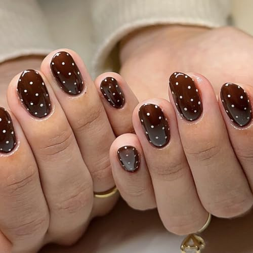 Short Press on Nails Almond - Chocolate Brown Oval False Nails Coffin with White Spots Design - Acrylic Coffee Fake Nails with Glue - Full Cover Glossy Gel Stick on Nail for Women Manicure Decoration
